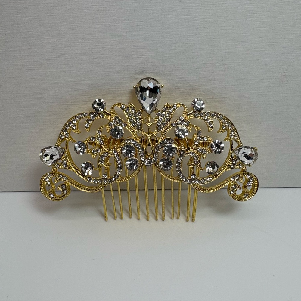 Gold Tone Clear Crystal Teardrop Hair Comb Hairpiece Accessory, Brand New